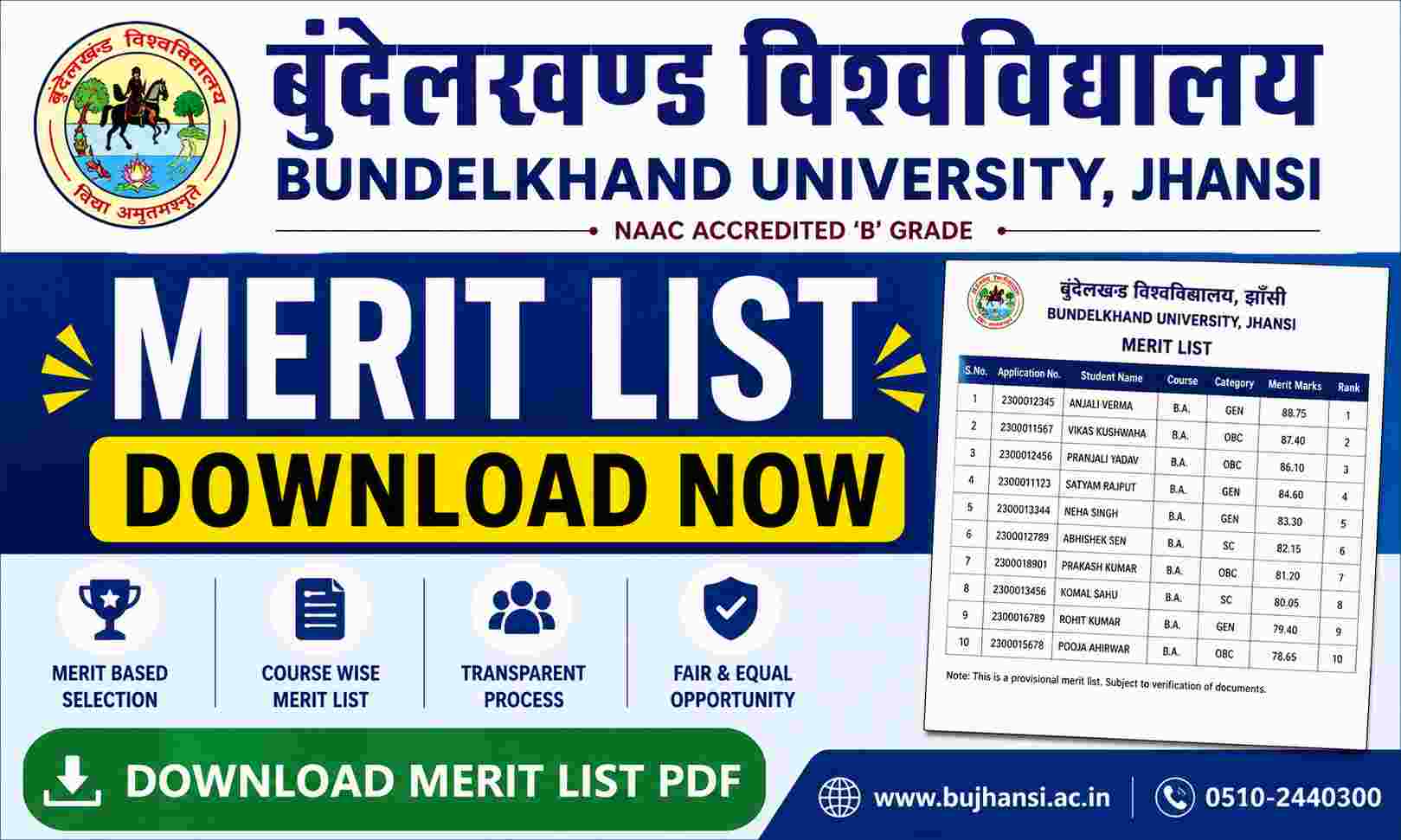 Bundelkhand University Merit List 2026 Download Now